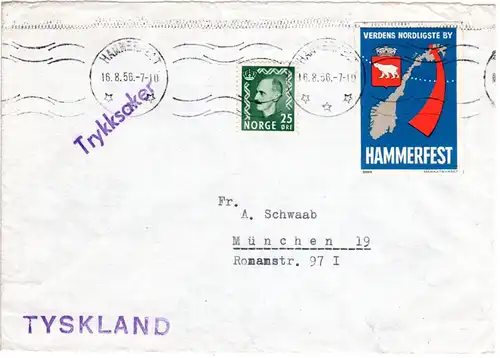 Norwegen 1956, 25 öre auf Drucksache Brief v. Hammerfest m. Polar Vignette