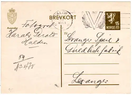 Norwegen 1941, Halden V-Maschinenstempel auf 15 öre Ganzsache n. Levanger