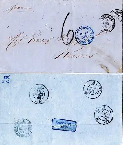 Spanien 1868, Brief v. MALAGA n. Frankreich m. Portostpl. "6"