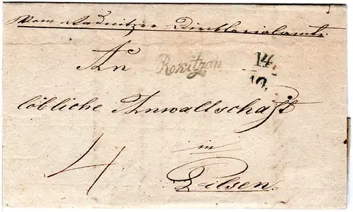 Österreich 1838, Böhmen Schreibschrift-L1 Rokitzan klar auf Brief n. Pilsen