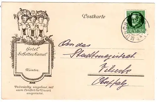 Bayern 1916, 5 Pf. auf Hotel Schottenhamel Reklame Karte v. München