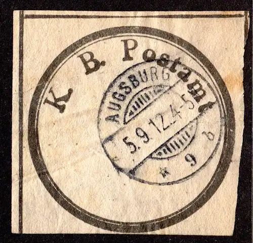 Bayern, Postsiegel K.B. Postamt m. Stegstempel  AUGSBURG *9b