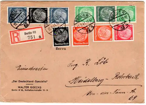 DR 1941, 1+8 Pf.+3 Zusammendrucke auf portorichtigem Reko Brief v. Berlin