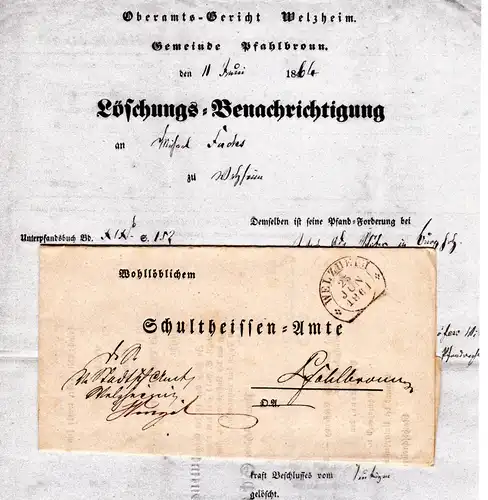 Württemberg 1864, Steigbügelstpl. WELZHEIM auf Vordruck Brief n. Pfahlbronn