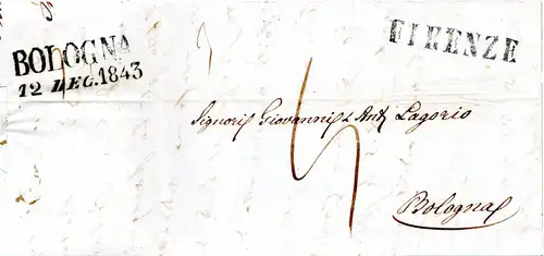 Italien Toskana 1843, L1 Firenze auf Porto Brief n. Bologna, Kirchenstaat