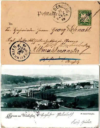 Bayern 1899, Aushilfstempel PLEINTING auf Vilshofen Gruss aus-AK 