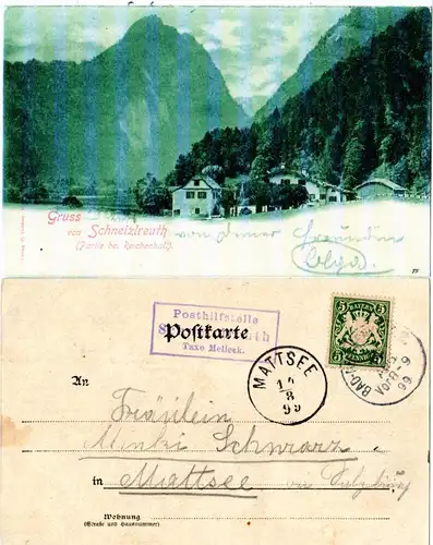 Bayern 1899, Posthilfstelle SCHNEIZLREUTH Taxe Melleck auf Gruss aus-AK m. 5 Pf.