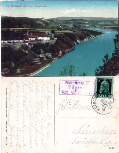 Bayern 1913, Posthilfstelle TÖGING Taxe Mühldorf auf Reitenhaslach-AK m. 5 Pf.
