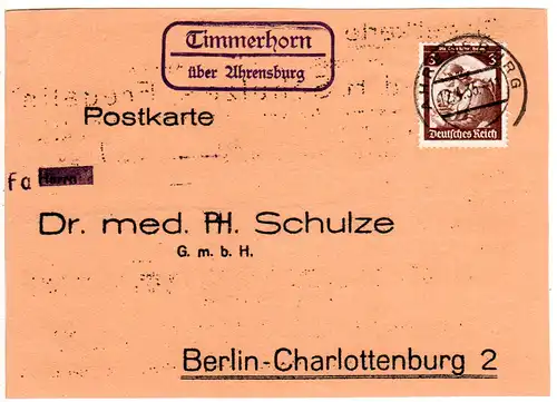 DR 1935, Landpost Stpl. TIMMERHORN über Ahrensburg auf Karte m. 3 Pf. 