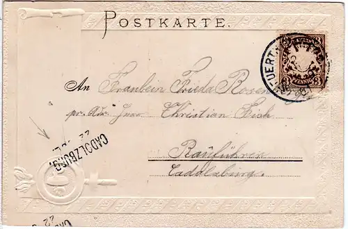 Bayern 1901, Aushilfstempel. CADOLZBURG als Ank.Stpl. auf Karte v. K1 Fürth