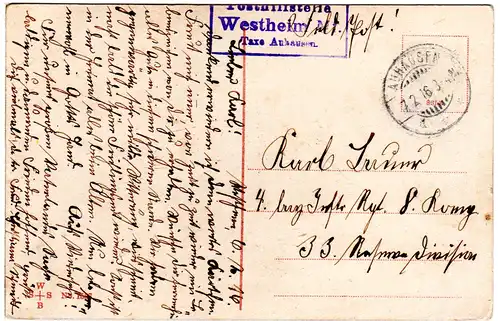 Bayern 1916, Posthilfstelle WESTHEIM Mf. Taxe Auhausen auf Feldpost Karte 