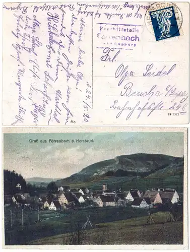 Bayern 1920, Posthilfstelle FÖRRENBACH Taxe Happurg auf Gruss aus Farb-AK 