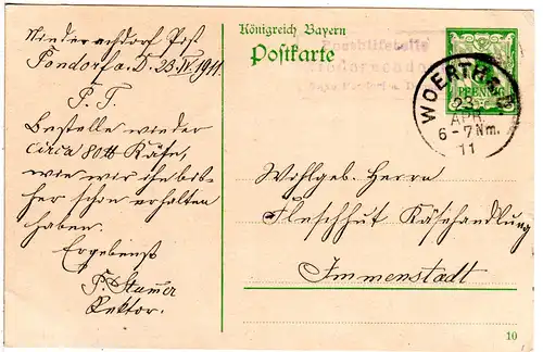 Bayern 1911, Posthilfstelle NIEDERACHDORF Taxe Pondorf auf 5 Pf. Ganzsache 