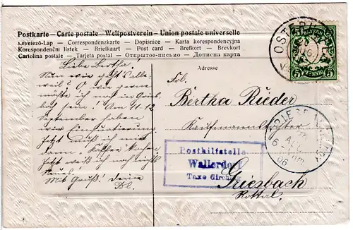 Bayern 1906, Posthilfstelle WALLERDORF Taxe Girching auf Karte m. 5 Pf.