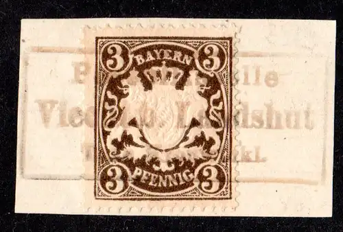 Bayern, Posthilfstelle VIECHT b. LANDSHUT Taxe Kronwinkl auf Briefstück m. 3 Pf.