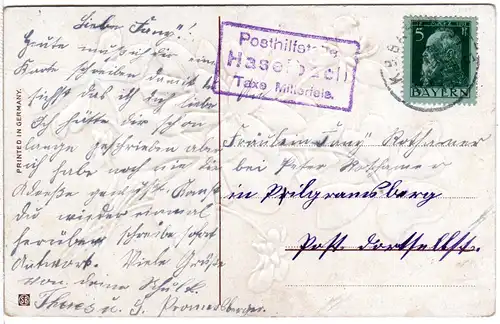 Bayern 1914, Posthilfstelle HASELBACH Taxe Mitterfels auf Karte m. Bahnpost