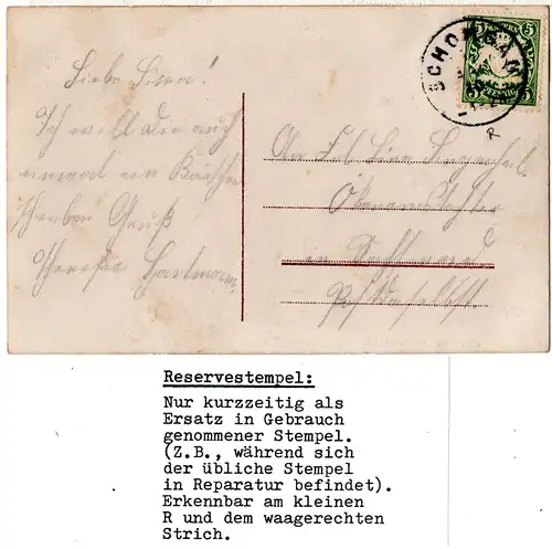 Bayern 1910, K1-Reservestempel SCHONGAU R auf Karte m. 5 Pf.