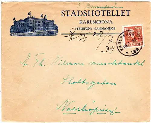 Schweden 1939, Karlskrona Hotel Brief m. 15 öre