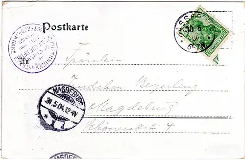 DR 1904, blauer K1 Postbriefkasten Steinerne Renne auf AK m. 5 Pf. v. Hasserode