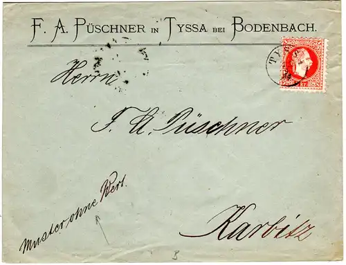 Österreich 1883, Fingerhutstpl. TYSSA auf Muster ohne Wert Firmen Brief m. 5 Kr.