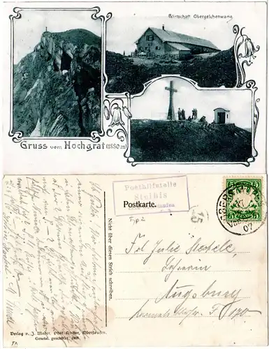 Bayern 1907, Posthilfstelle STEIBIS Taxe Oberstaufen auf Hochgrat-AK m. 5 Pf.