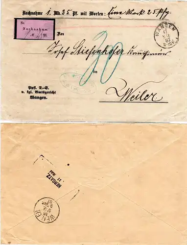 Württemberg 1887, Nachnahme Brief v. WANGEN m. rs. Hergatz Bayern Aushilfsstpl.