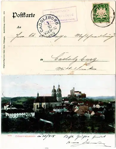 Bayern 1905, Posthilfstelle TÜCHERSFELD Taxe Gössweinstein auf Farb-AK m. 5 Pf.