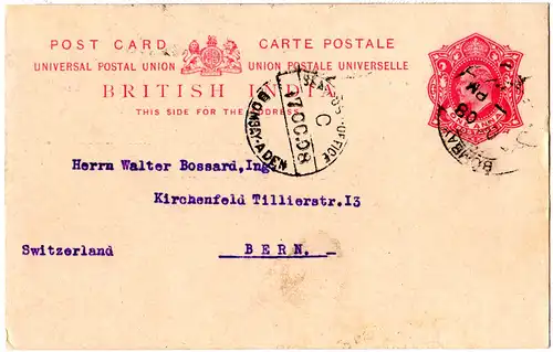 Indien 1908, BOMBAY-ADEN SEA POST OFFICE C auf 1 A. Ganzsache i.d. Schweiz