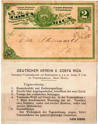 Costa Rica 12894, 2 C Ganzsache, San José Ortsverwendung m. rs. Deutscher Verein