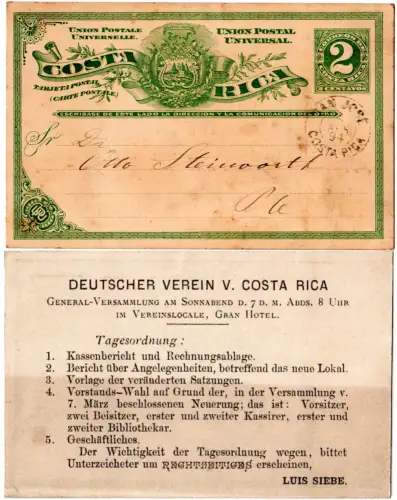 Costa Rica 1894, 2 C Ganzsache, San José Ortsverwendung m. rs. Deutscher Verein