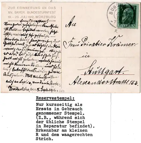 Bayern 1912, Reservestempel BURGHASLACH R auf Karte v. Breitenlohe (Helbig 80).