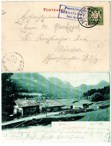 Bayern 1902, Posthilfstelle SCHNEIZLREUTH Taxe Melleck auf Gruss aus-AK m. 5 Pf.