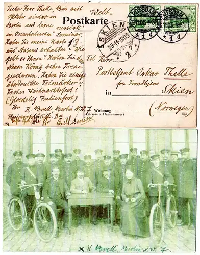 DR 1905, Paar 5 Pf. Germania auf AK v. Potsdam n. Norwegen m. Stpl. SKIEN 2 TUR