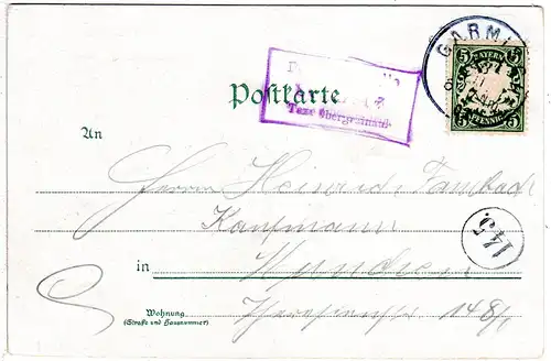Bayern 1902, Posthilfstelle SCHMÖLZ Taxe Obergrainau auf Farb AK m. 5 Pf.