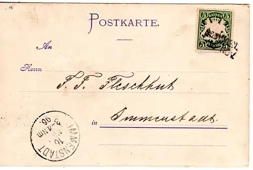 Bayern 1896, L2-Aushilfstempel BOBINGEN auf Firmenkarte m. 5 Pf.