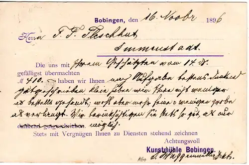 Bayern 1896, L2-Aushilfstempel BOBINGEN auf Firmenkarte m. 5 Pf.