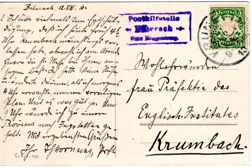 Bayern 1913, Posthilfstelle BIBERACH Taxe Roggenburg auf AK m. 5 Pf.