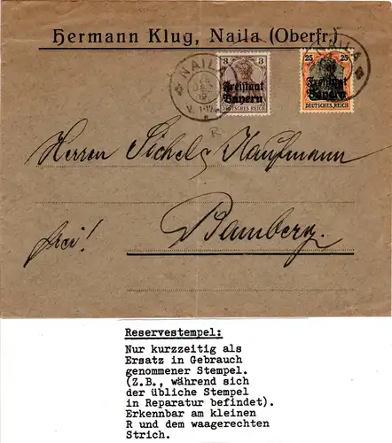 Bayern 1919, Reservestpl. NAILA R auf Firmenbrief m.3+25 Pf. Germania Freistaat