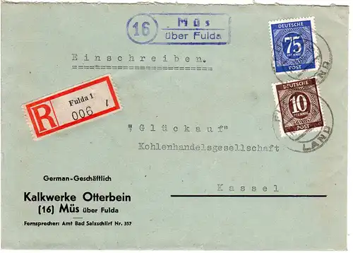 1946, Landpoststempel 16 MÜS über Fulda auf Firmen Reko Brief m. 10+75 Pf.