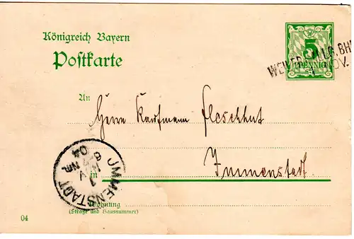 Bayern 1904, L2- Aushilfstempel WEILER i. ALLG. BHF. auf 5 Pf. Ganzsache.