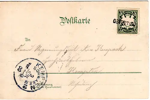 Bayern 1900, L2- Aushilfstempel OBERSTORF auf Farb-AK Freibergsee m. 5 Pf.