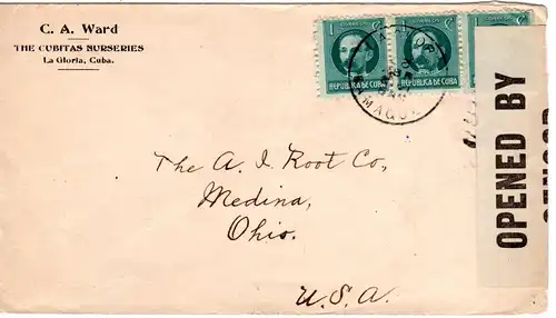 Cuba 1941, 3x1C  auf Zensur Brief v. LA GLORIA CAMAGUEY n. USA. Blue Censor 1717