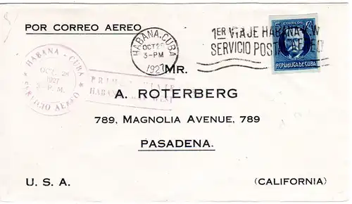 Cuba 1927, 5 C. auf Erstflug Brief Havanna-Key West, USA