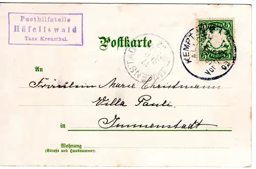 Bayern 1902, Posthilfstelle HÄFELISWALD Taxe Kreuzthal auf Karte m. 5 Pf. 