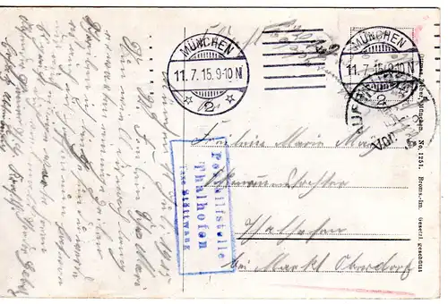 Bayern 1915, Posthilfstelle THALHOFEN Taxe Stöttwang als Ank.Stpl. auf FP Karte 