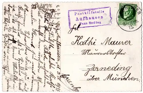 Bayern 1915, Posthilfstelle AUFHAUSEN Taxe Erding auf Karte m. 5 Pf.