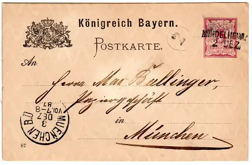 Bayern 1887, L2 Aushilfstpl. MINDELHEIM klar auf 5 Pf. Ganzsache.