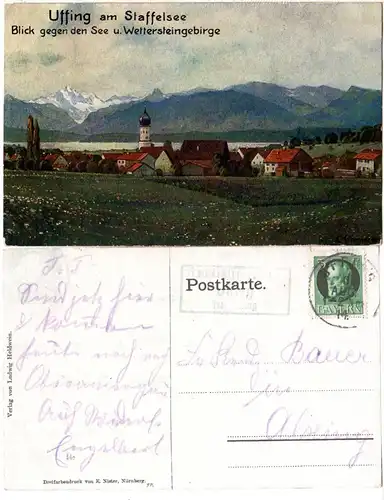 Bayern 1914, Posthilfstelle UFFING Taxe Uffing auf Künstler Farb-AK 