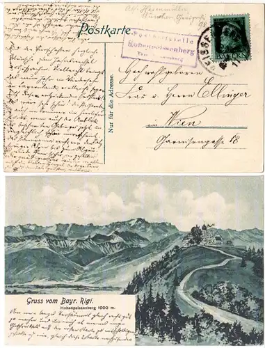 Bayern 1911, Posthilfstelle HOHENPEISSENBERG Taxe Peissenberg auf AK m. 5 Pf.
