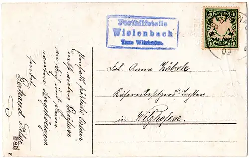 Bayern 1909, Posthilfstelle WIELENBACH Taxe Wilshofen auf Karte m. 5 Pf.